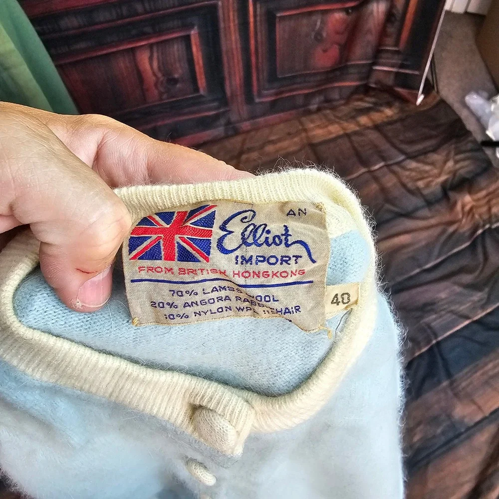 Vintage 1950s Elliot Import Angora Lambswool Cardigan Blue Cream Buttons Pinup